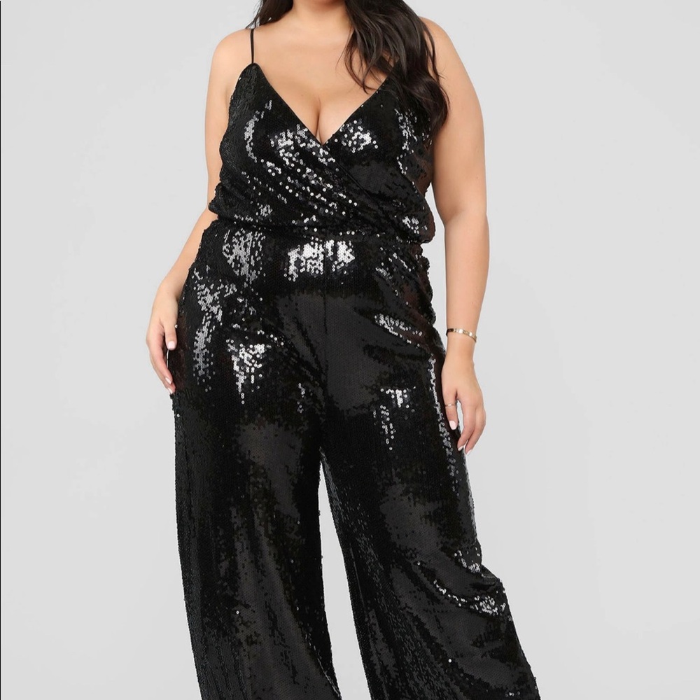 Black Wide Leg Sequin Jumpsuit size L from Fashion Nova